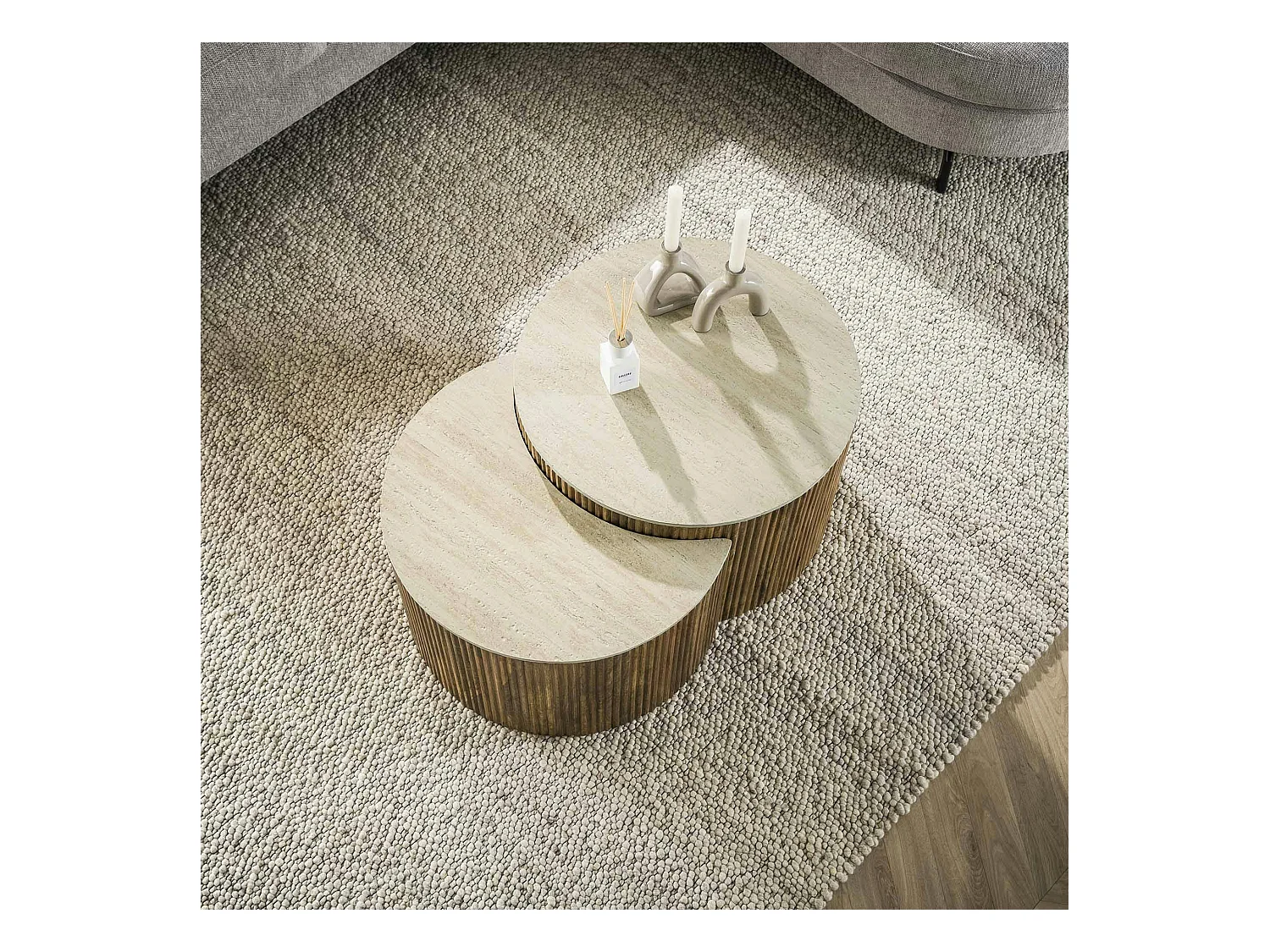 Table basse en bois de manguier et céramique, forme lune (lot de 2) ASCOLI