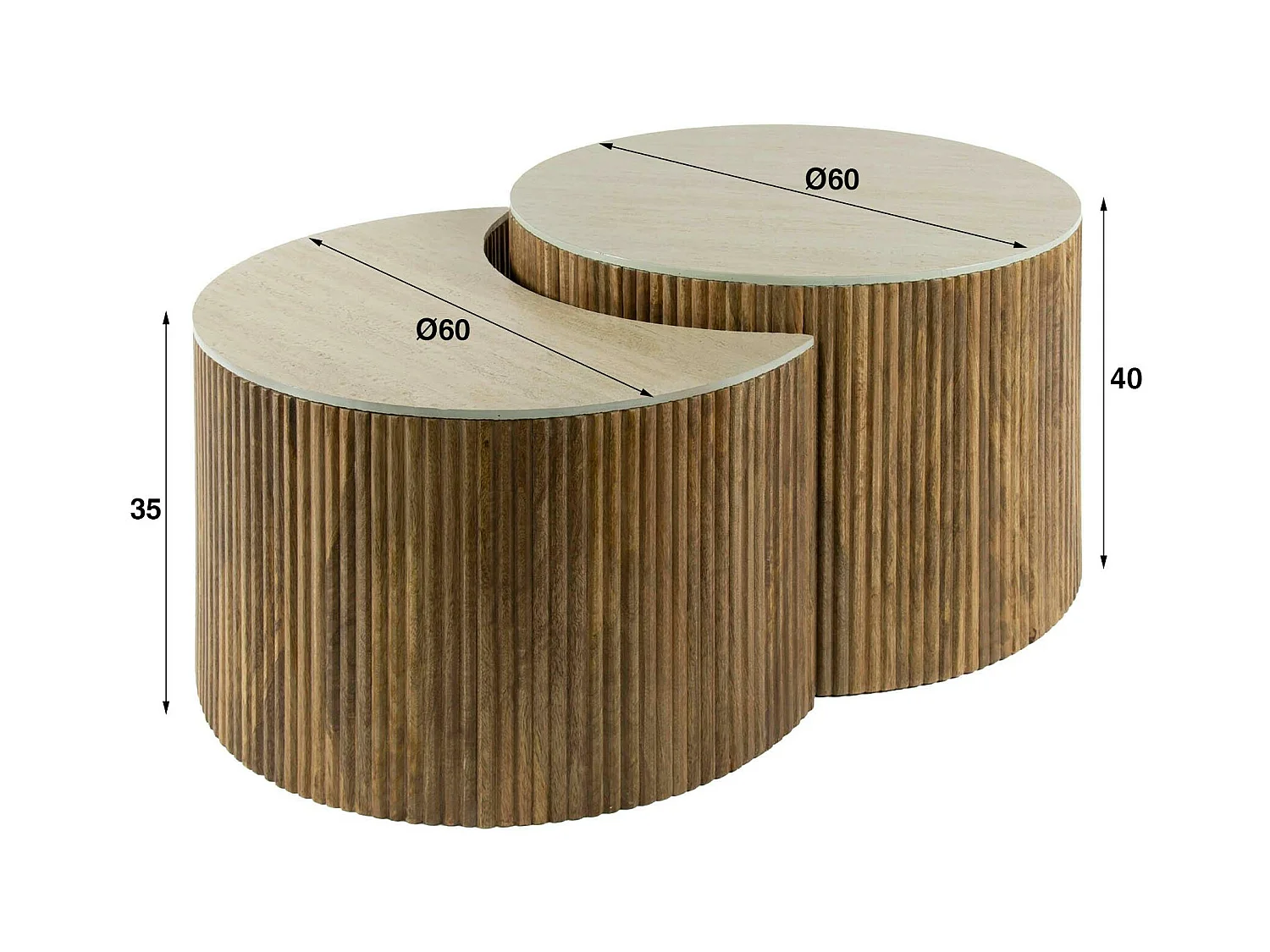 Table basse en bois de manguier et céramique, forme lune (lot de 2) ASCOLI