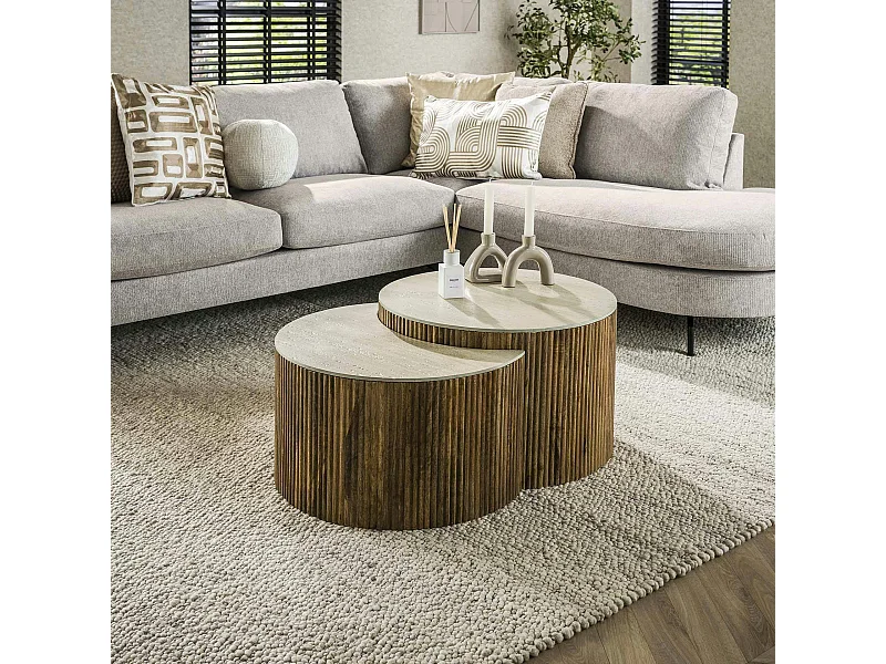 Table basse en bois de manguier et céramique, forme lune (lot de 2) ASCOLI