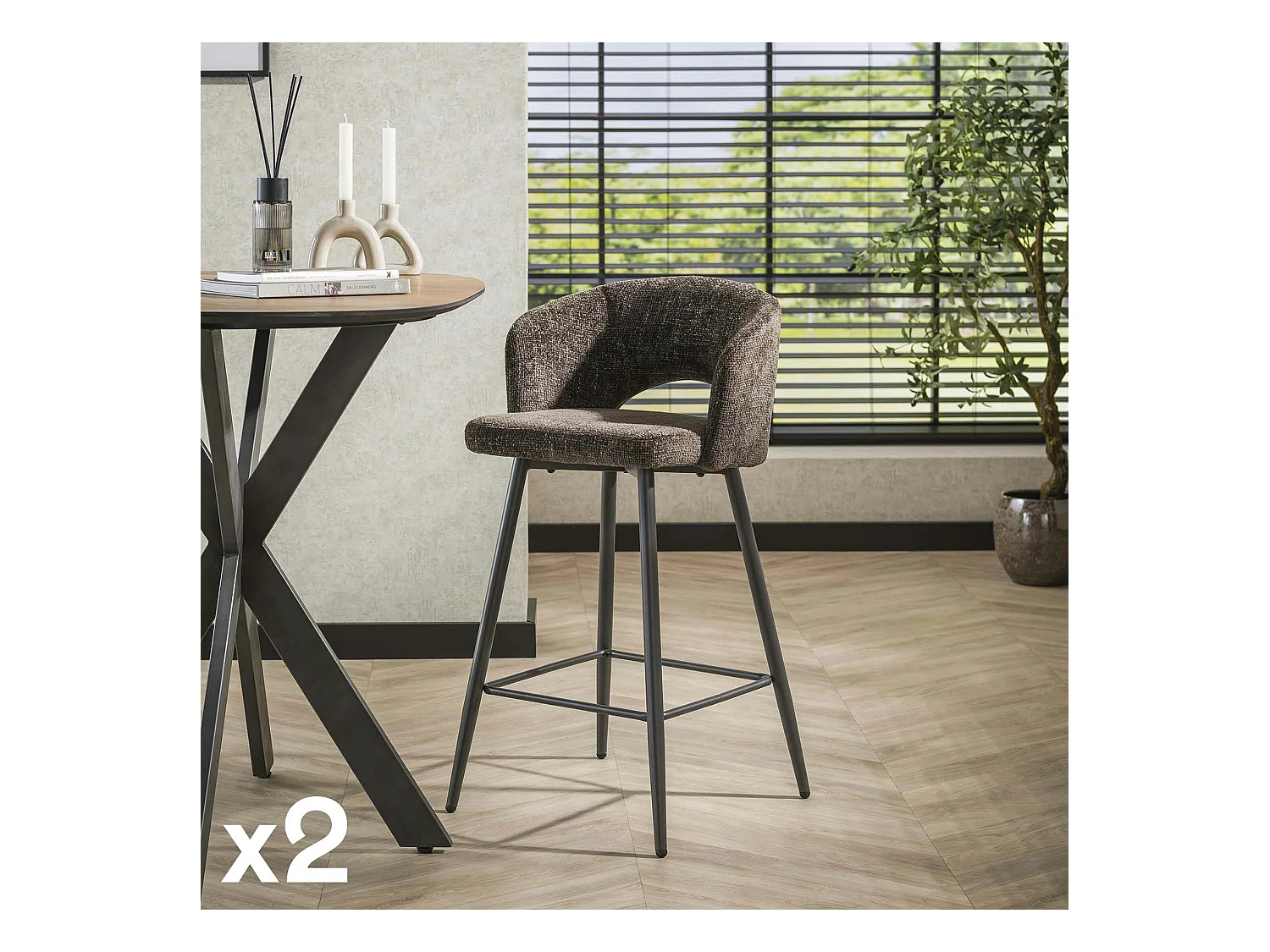 Tabouret de bar marron en velours tissé avec dossier ouvert (lot de 2) GALWAY