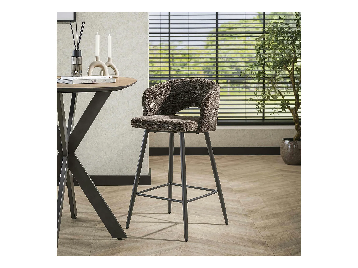 Tabouret de bar marron en velours tissé avec dossier ouvert (lot de 2) GALWAY