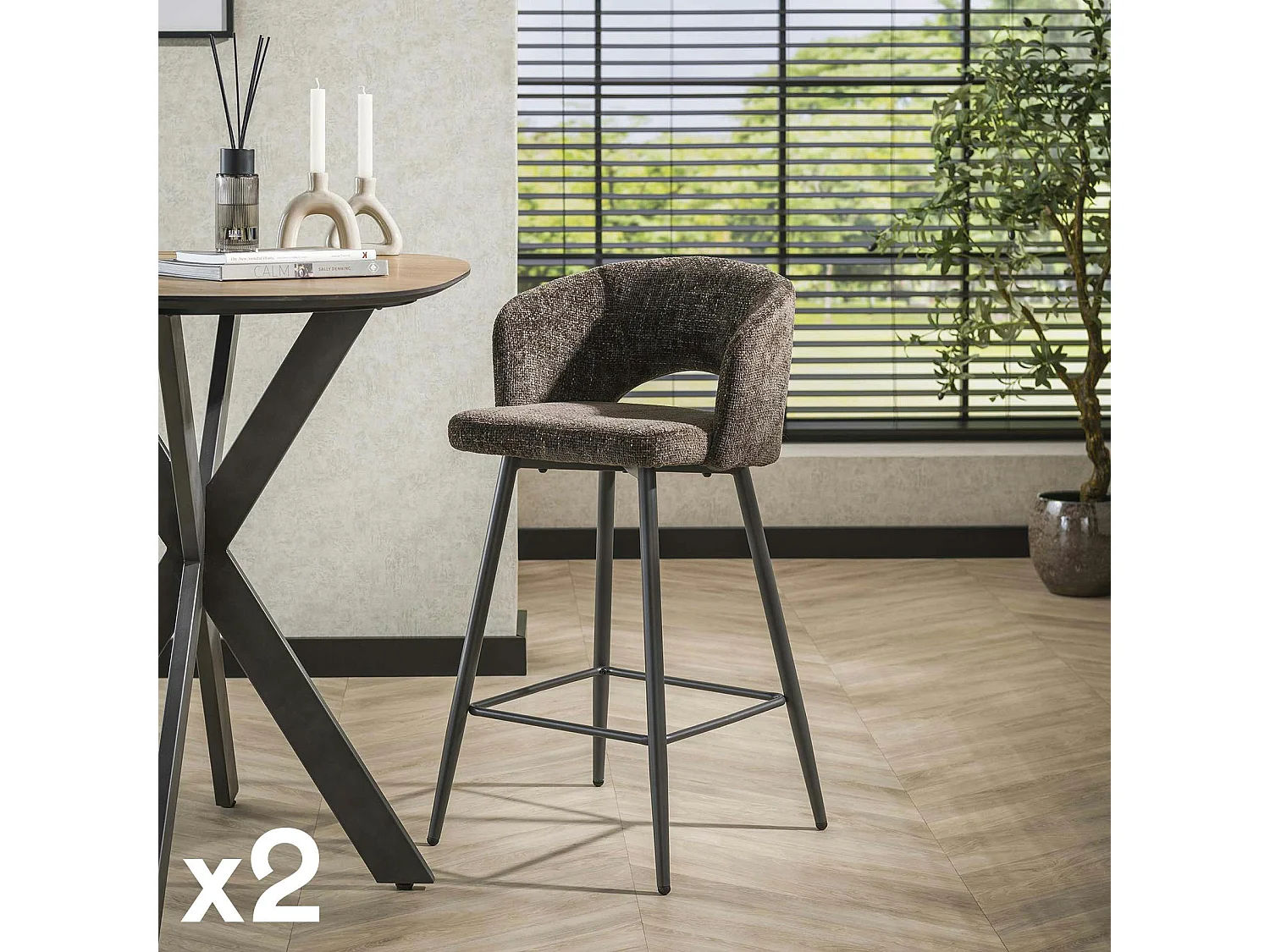 Tabouret de bar marron en velours tissé avec dossier ouvert (lot de 2) GALWAY