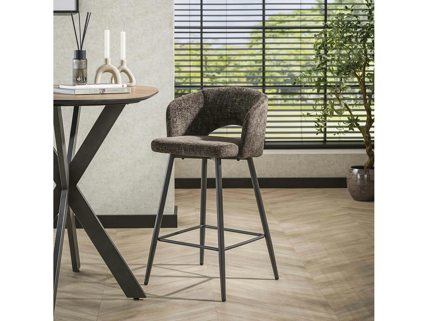 Tabouret de bar marron en velours tissé avec dossier ouvert (lot de 2) GALWAY