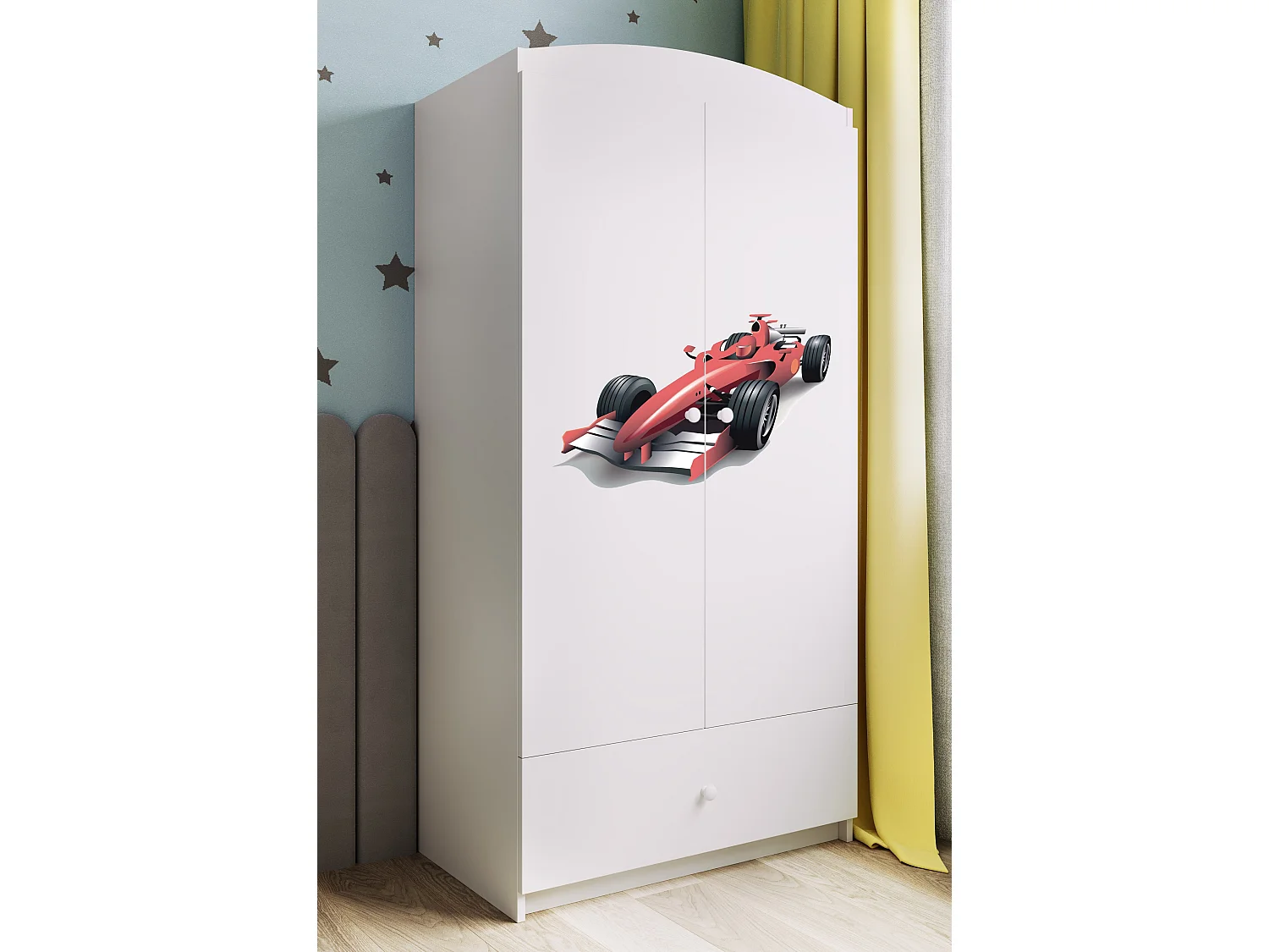 Kinderkleiderschrank Babydreams Drehtürenschrank Kleiderschrank Rennwagen Weiß