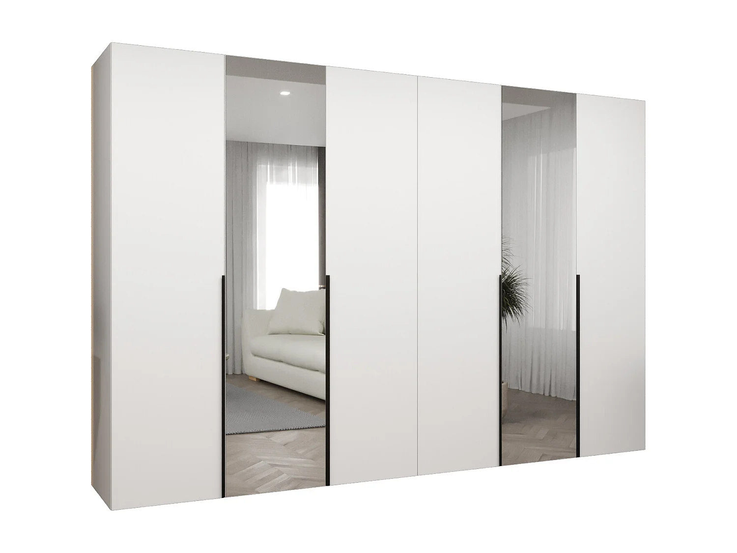 Drehtürenschrank Alicante 2 202/300/52 6-türig (Weiß + Griffe: Schwarz)