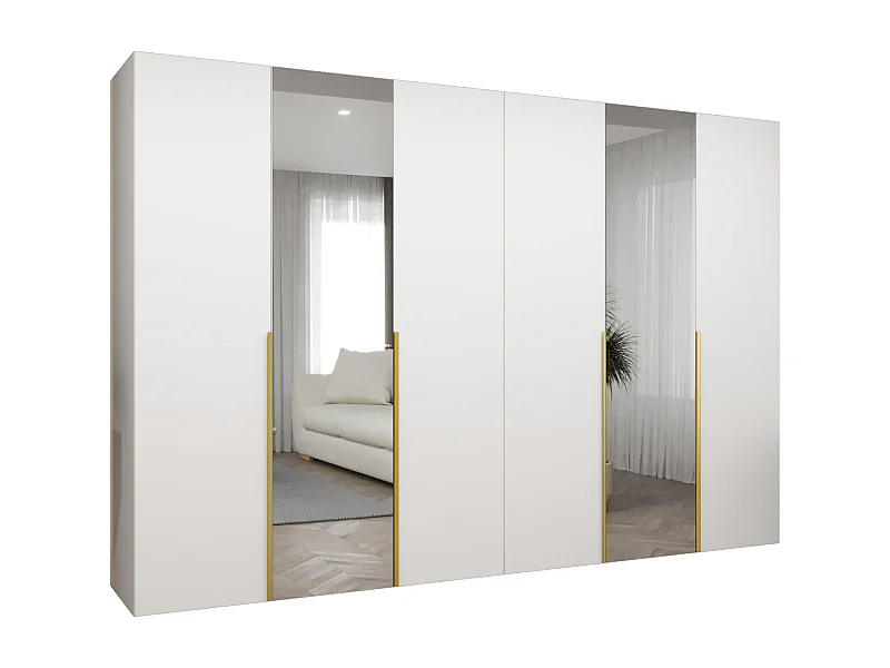 Drehtürenschrank Alicante 2 202/300/52 6-türig (Weiß + Griffe: Gold)