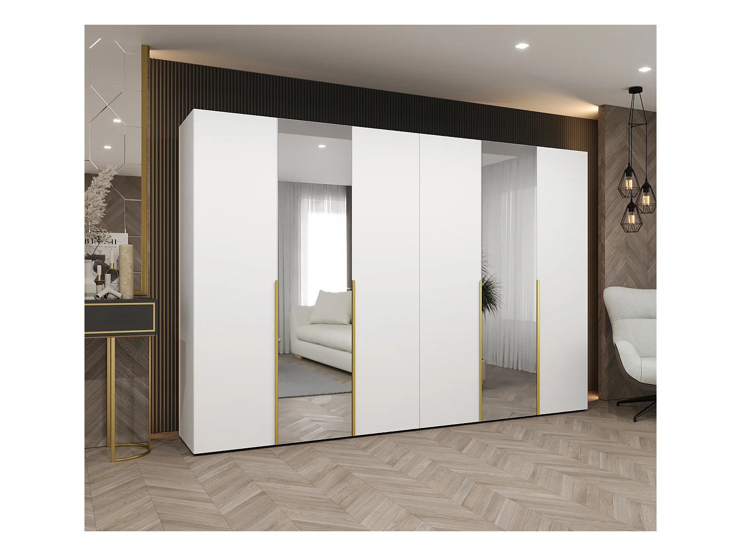 Armoire à portes battantes Alicante 2 202/300/52 6 portes (blanc/doré)