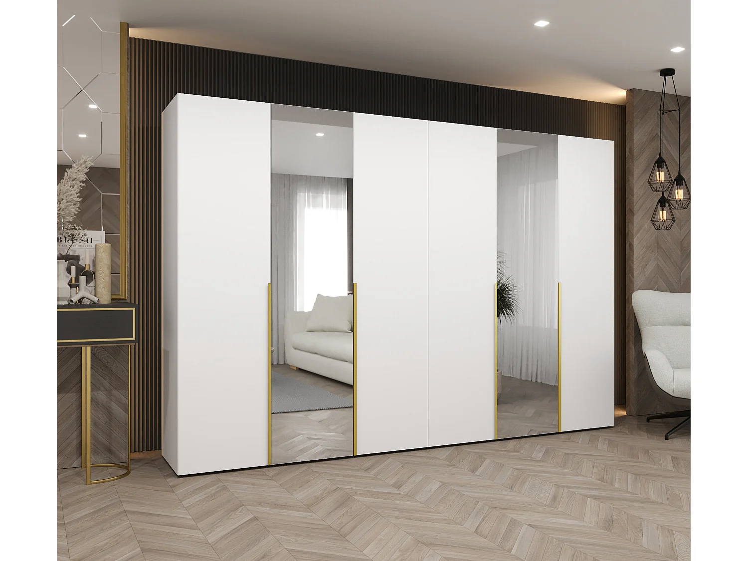 Armoire à portes battantes Alicante 2 202/300/52 6 portes (blanc/doré)