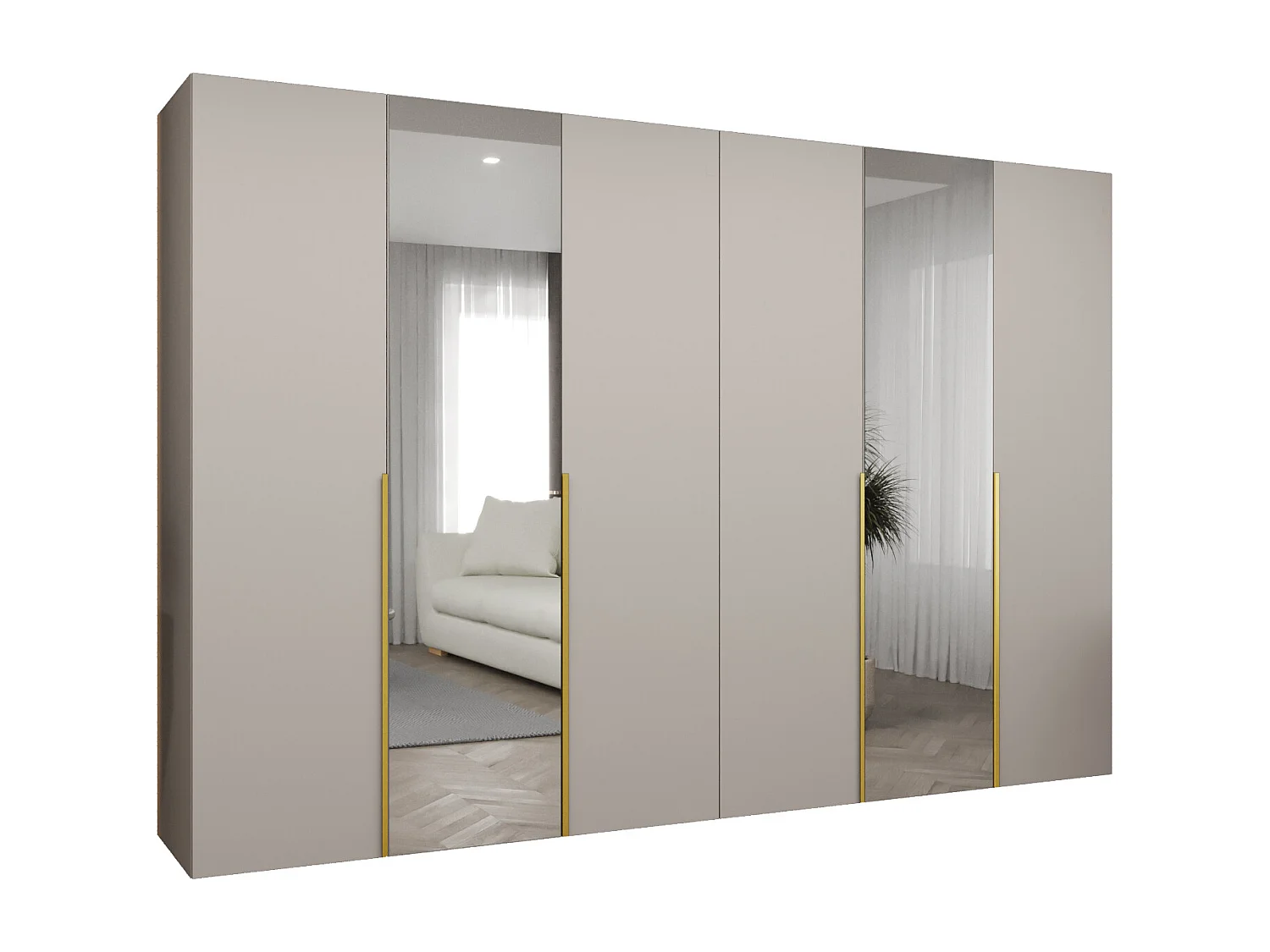 Drehtürenschrank Alicante 2 202/300/52 6-türig (Kaschmir + Griffe: Gold)