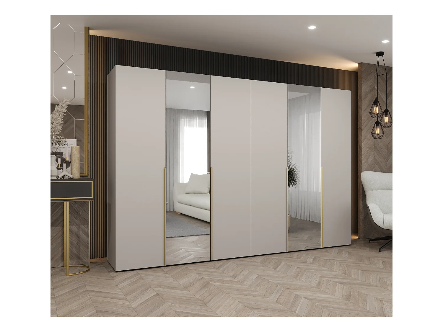 Drehtürenschrank Alicante 2 202/300/52 6-türig (Kaschmir + Griffe: Gold)