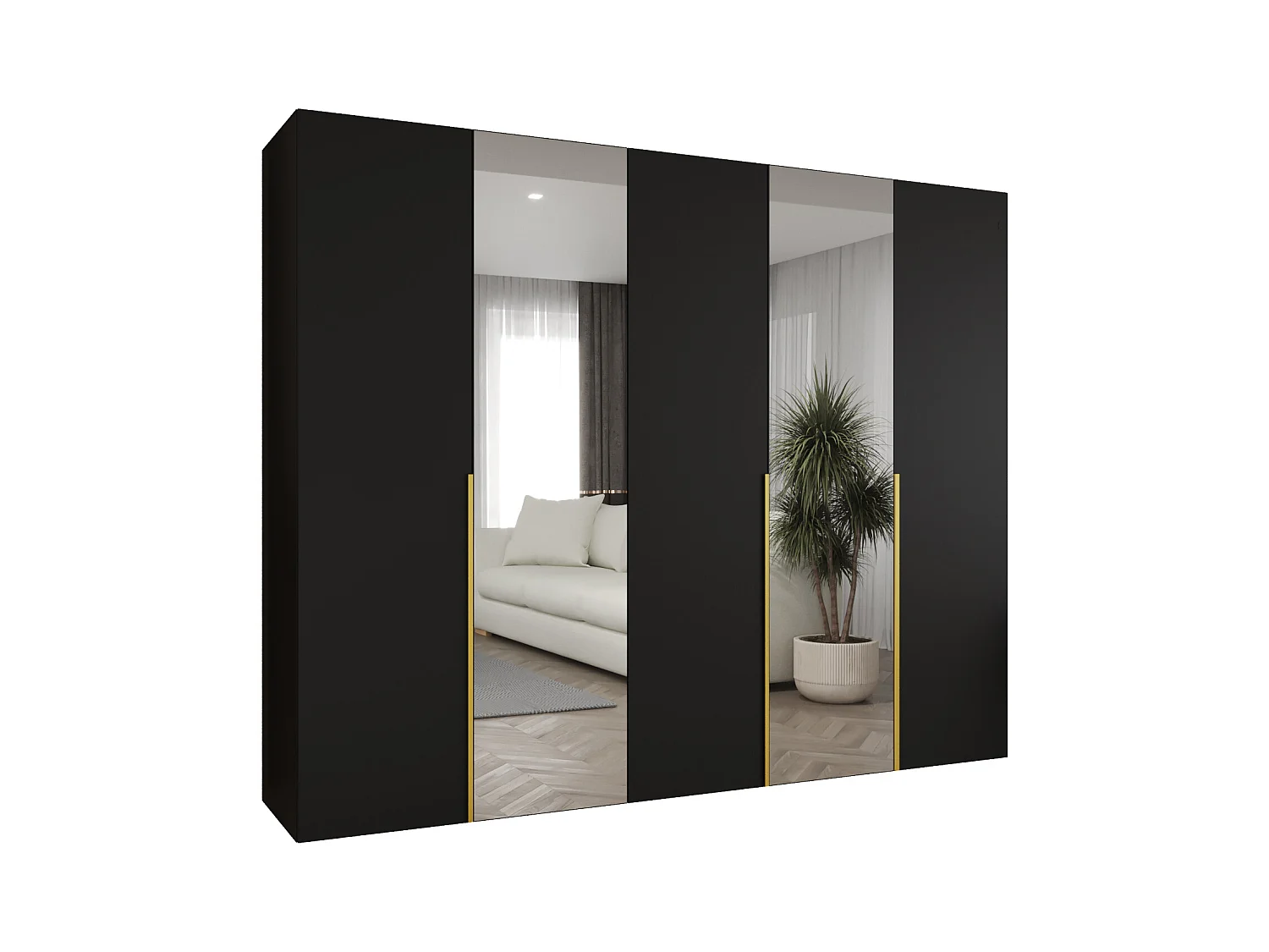 Drehtürenschrank Alicante 2 202/250/52 5-türig (Schwarz + Griffe: Gold)