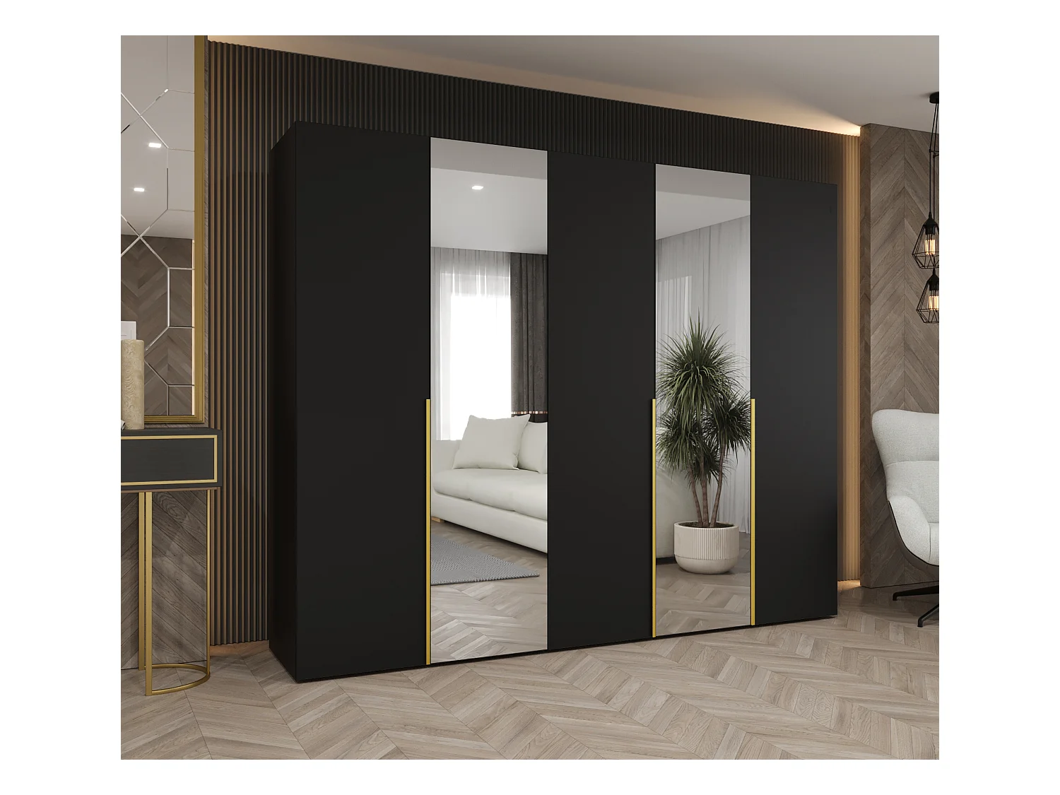 Drehtürenschrank Alicante 2 202/250/52 5-türig (Schwarz + Griffe: Gold)