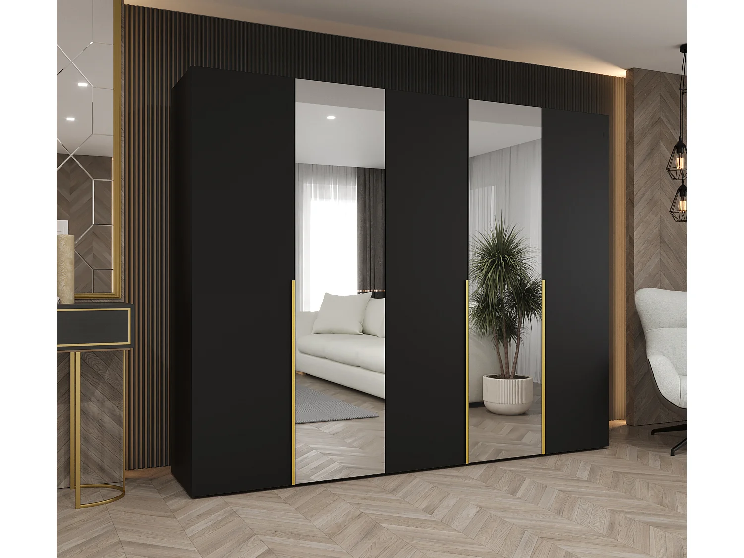 Drehtürenschrank Alicante 2 202/250/52 5-türig (Schwarz + Griffe: Gold)