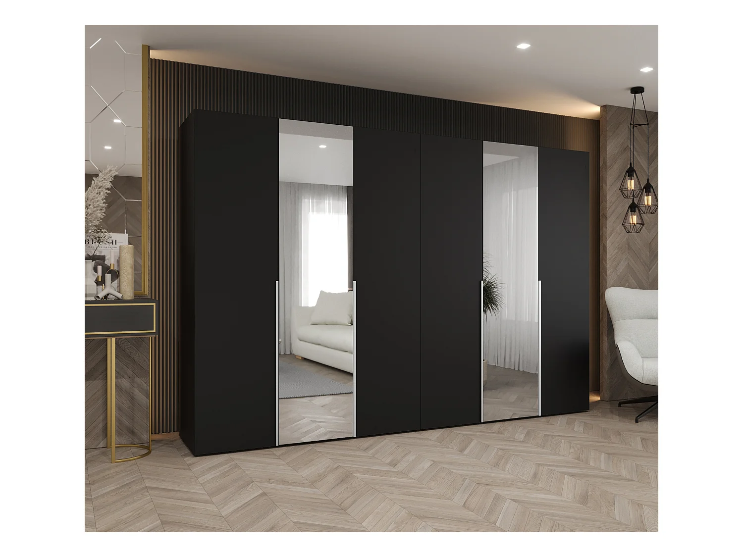 Drehtürenschrank Alicante 2 202/300/52 6-türig (Schwarz + Griffe: Kaschmir)