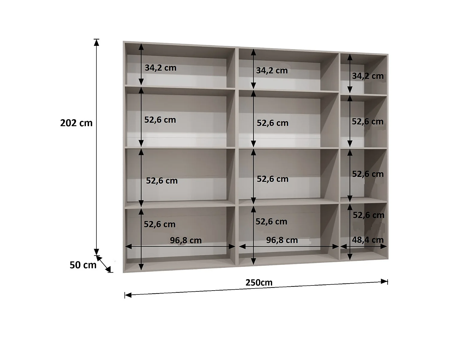 Drehtürenschrank Alicante 2 202/250/52 5-türig (Weiß + Griffe: Kaschmir)