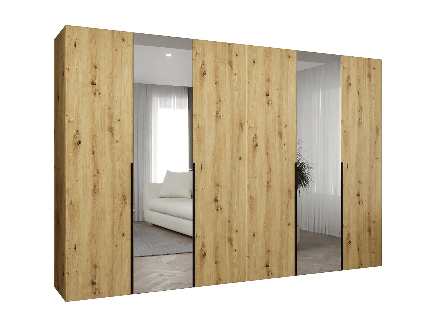 Drehtürenschrank Alicante 2 202/300/52 6-türig (Artisan Eiche + Griffe: Schwarz)