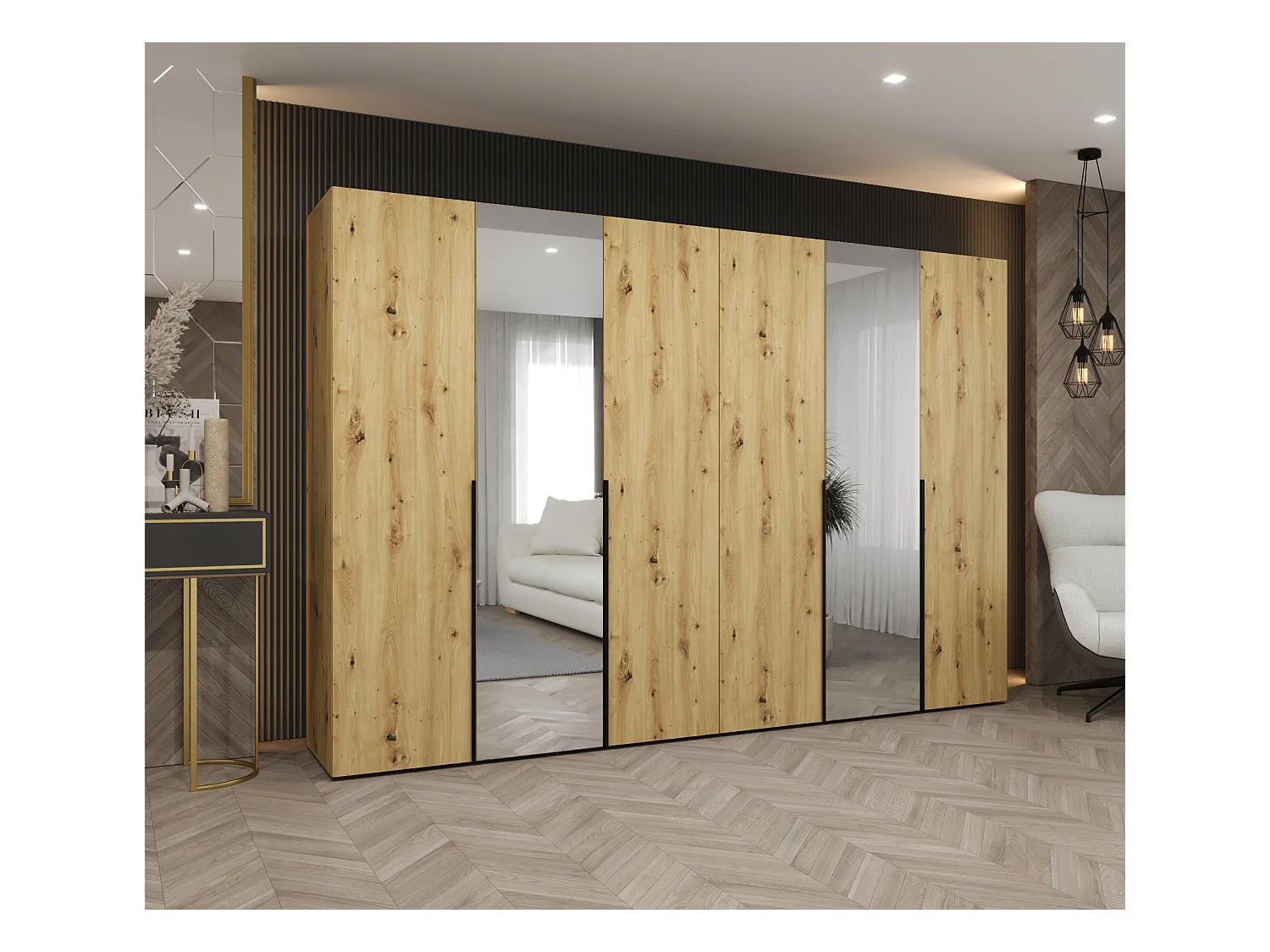 Drehtürenschrank Alicante 2 202/300/52 6-türig (Artisan Eiche + Griffe: Schwarz)