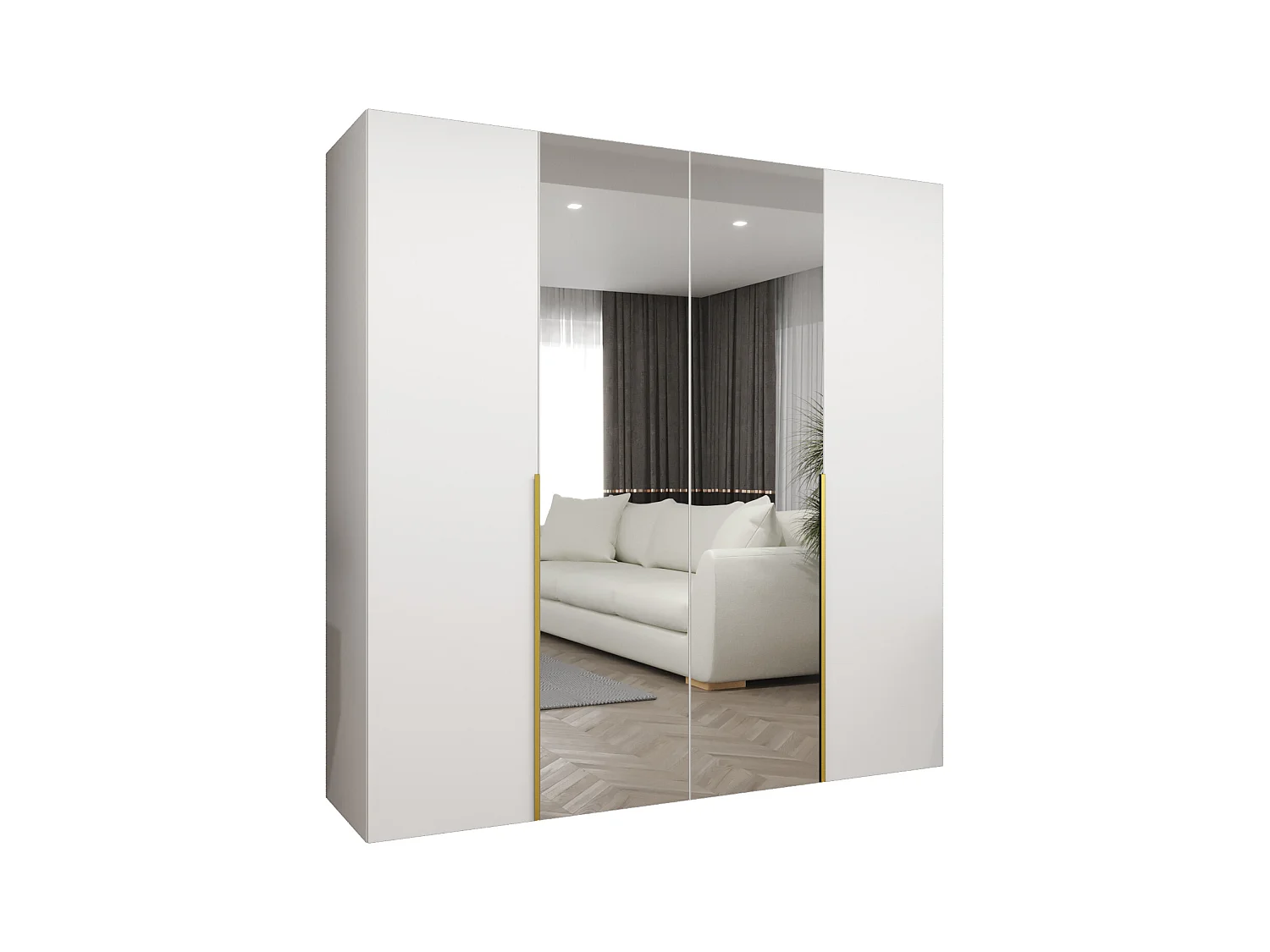 Drehtürenschrank Alicante 2 202/200/52 4-türig (Weiß + Griffe: Gold)