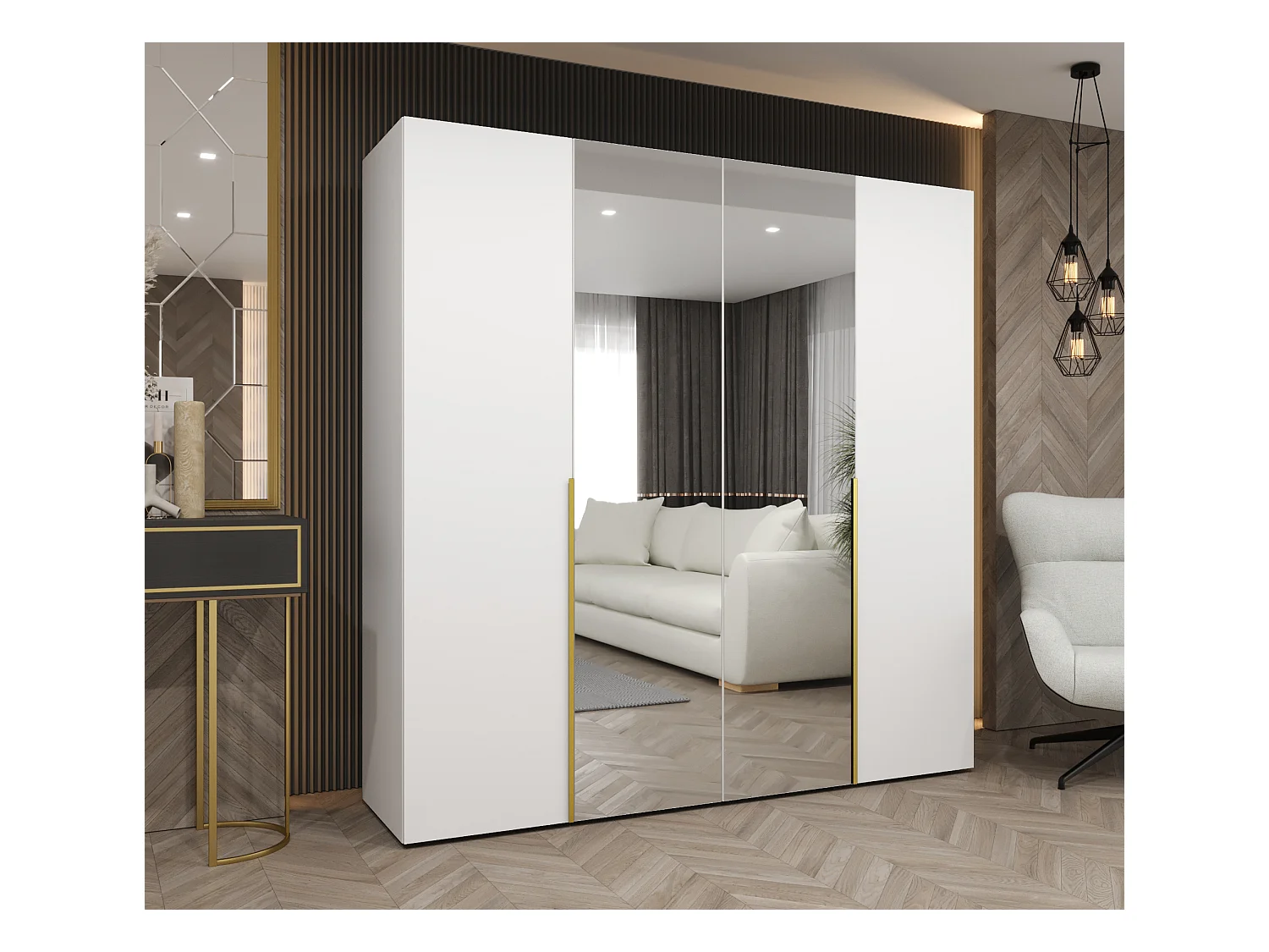 Drehtürenschrank Alicante 2 202/200/52 4-türig (Weiß + Griffe: Gold)