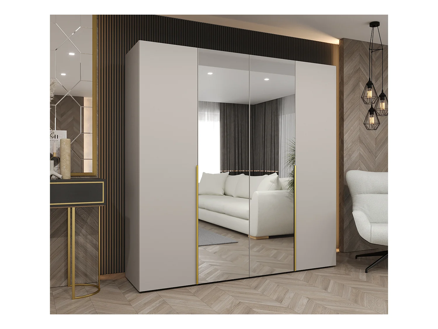 Drehtürenschrank Alicante 2 202/200/52 4-türig (Kaschmir + Griffe: Gold)