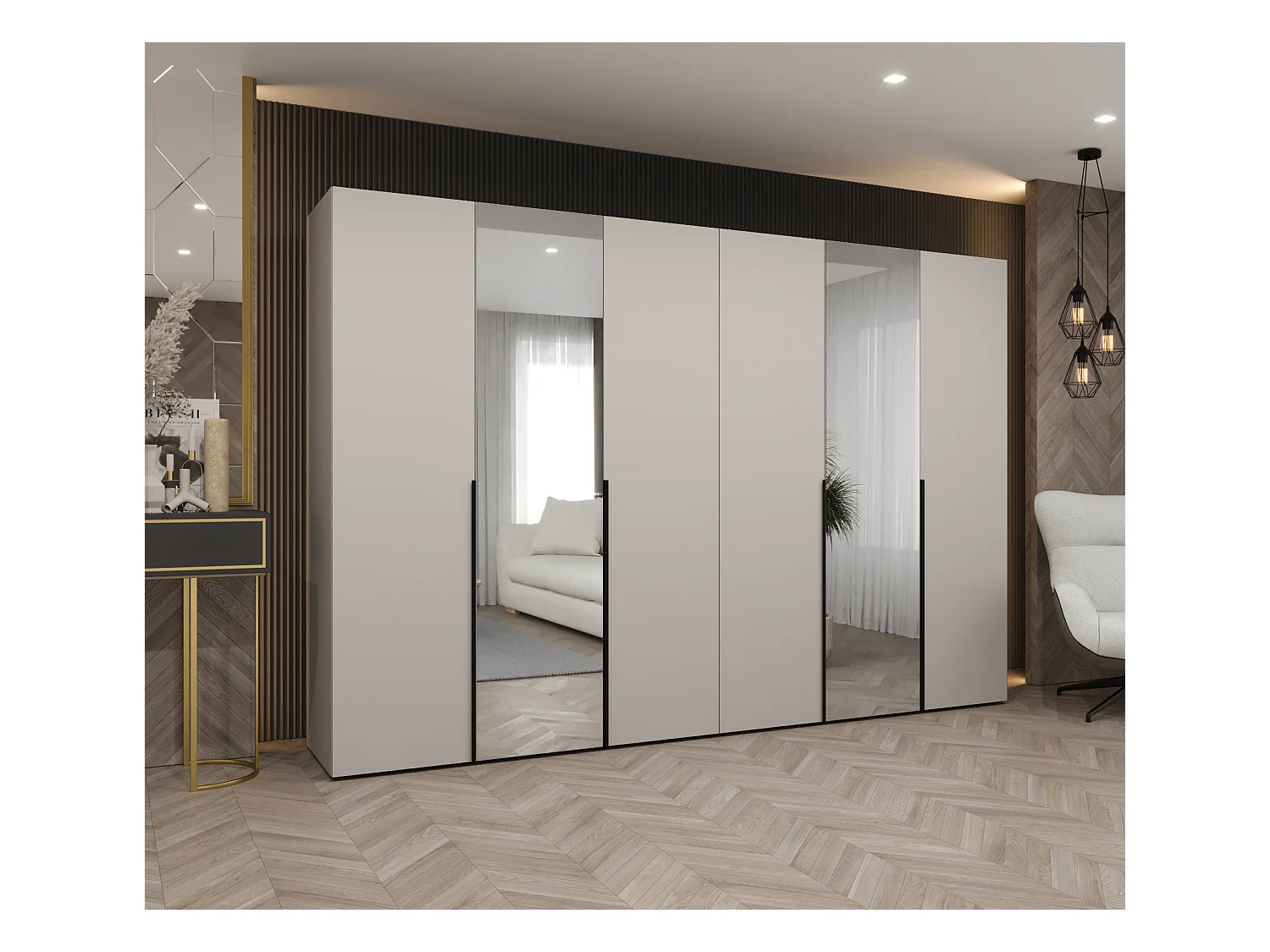 Drehtürenschrank Alicante 2 202/300/52 6-türig (Kaschmir + Griffe: Schwarz)