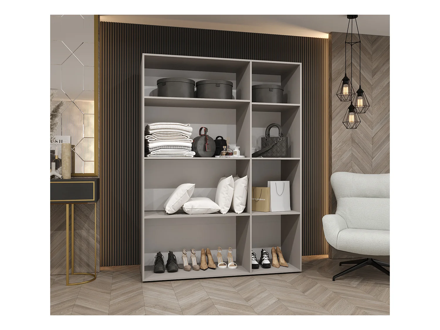 Drehtürenschrank Alicante 2 202/150/52 3-türig (Kaschmir + Griffe: Schwarz)