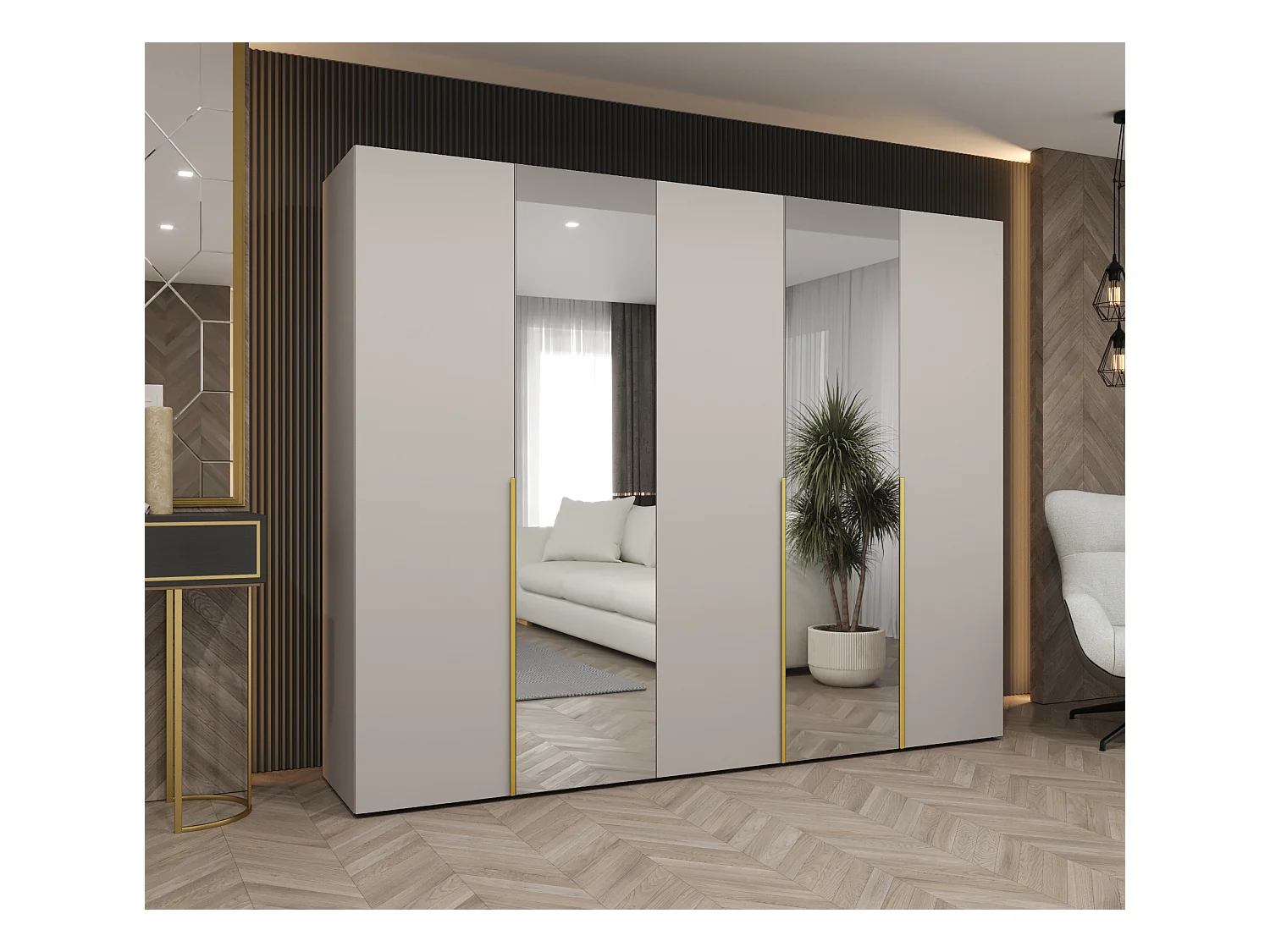 Drehtürenschrank Alicante 2 202/250/52 5-türig (Kaschmir + Griffe: Gold)