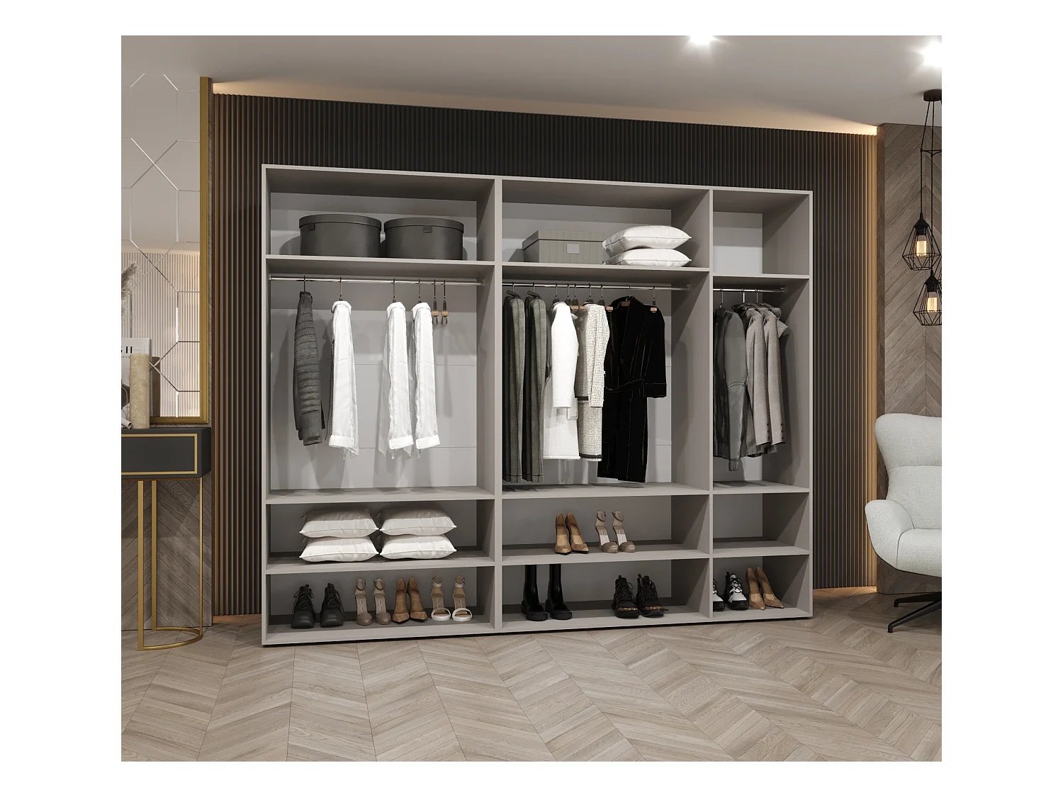 Drehtürenschrank Alicante 2 202/250/52 5-türig (Kaschmir + Griffe: Gold)