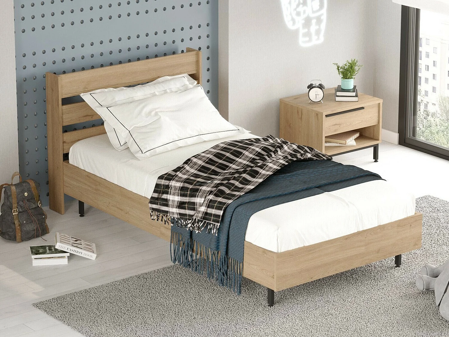 Cama Kailua AE112, Individuales, De color marrón claro, 90x200, Aglomerado laminado, 86cm
