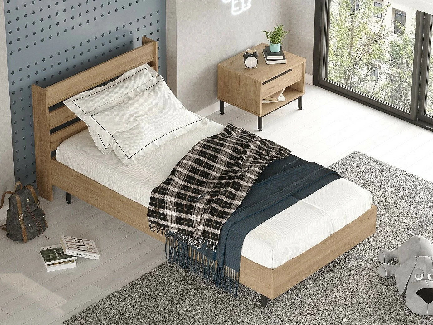 Cama Kailua AE112, Individuales, De color marrón claro, 90x200, Aglomerado laminado, 86cm