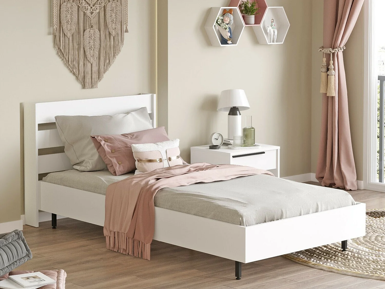 Cama Kailua AE112, Individuales, Blanco, 90x200, Aglomerado laminado, 109x206x86cm