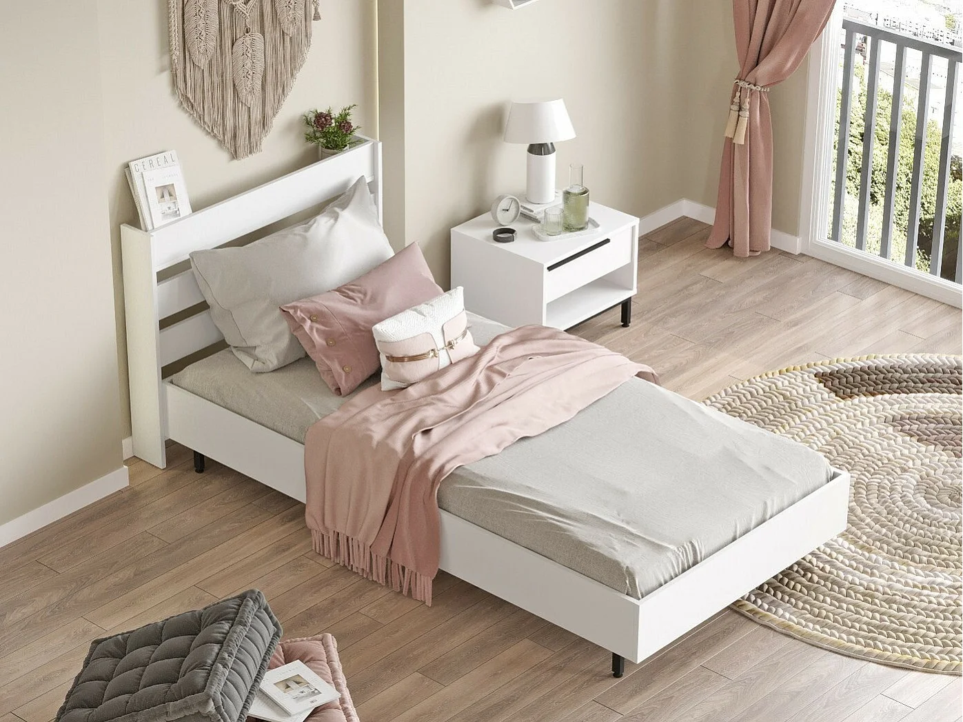 Cama Kailua AE112, Individuales, Blanco, 90x200, Aglomerado laminado, 109x206x86cm