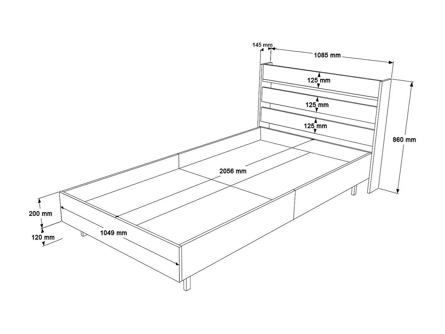 Cama Kailua AE112, Individuales, Blanco, 90x200, Aglomerado laminado, 109x206x86cm