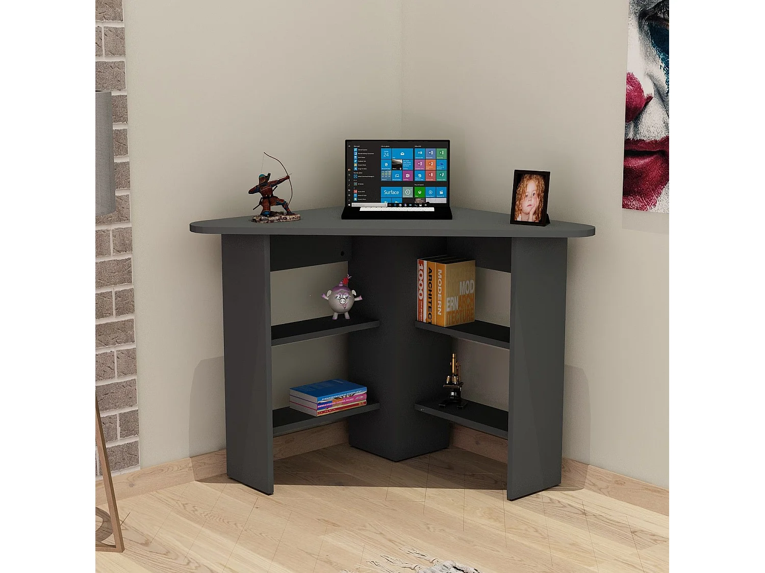 Bureau de coin 4 étagères Seredic L80xP80cm Anthracite