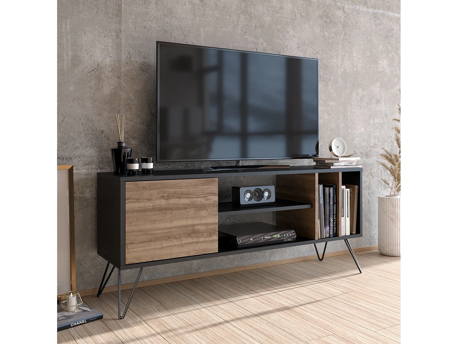 Mesa de tv Kailua 1275, Nogal|Negro, 140x59x36cm