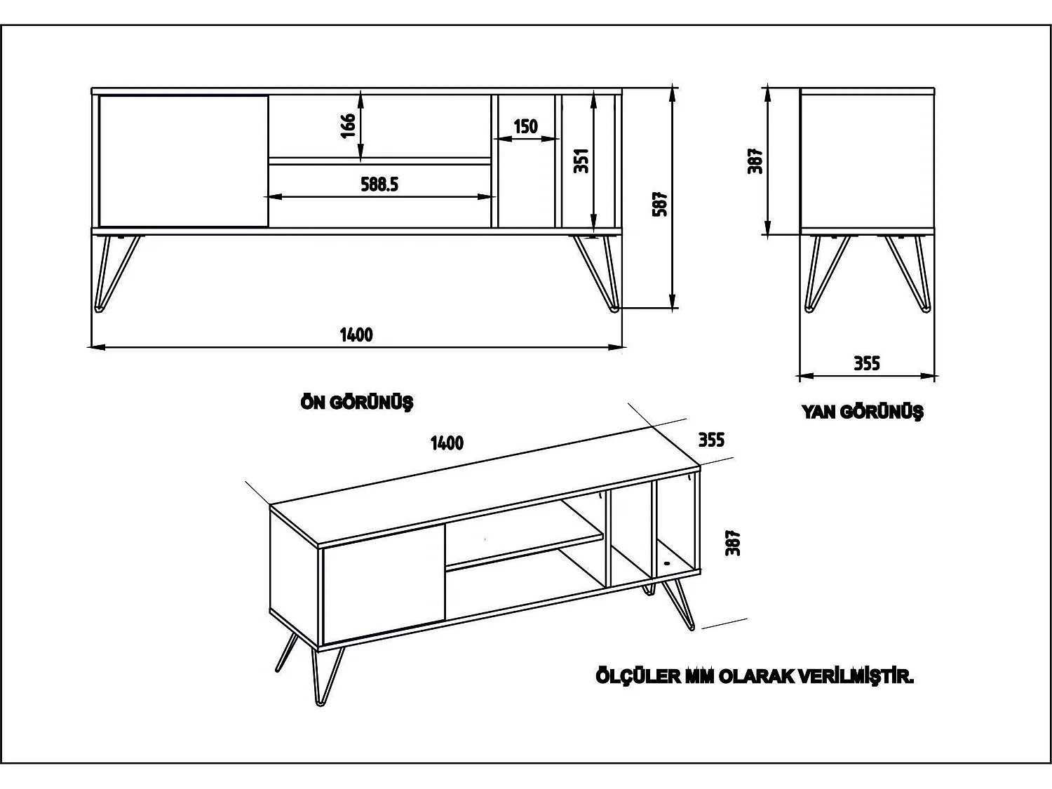 Mesa de tv Kailua 1275, Nogal|Negro, 140x59x36cm