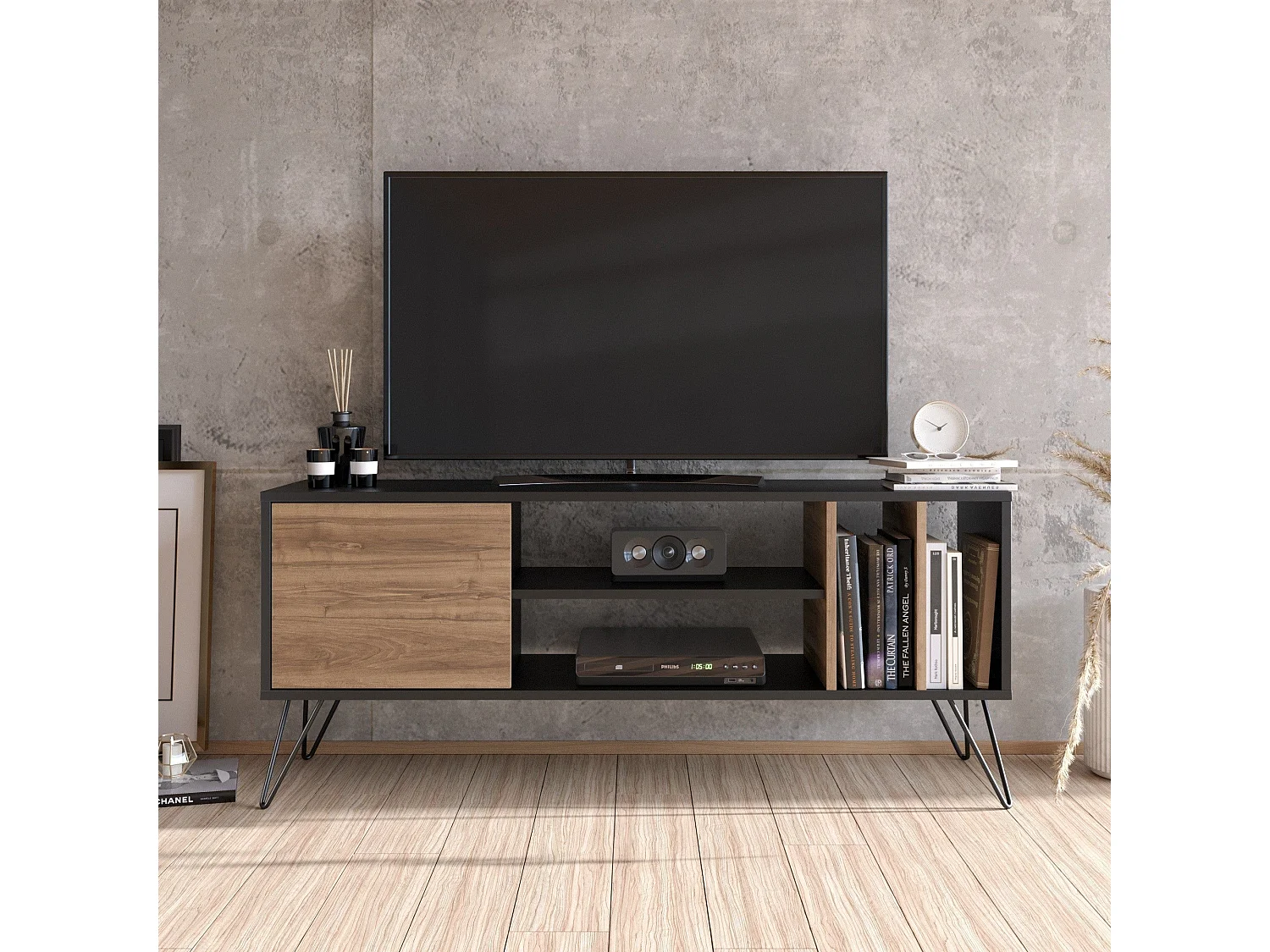 Mesa de tv Kailua 1275, Nogal|Negro, 140x59x36cm