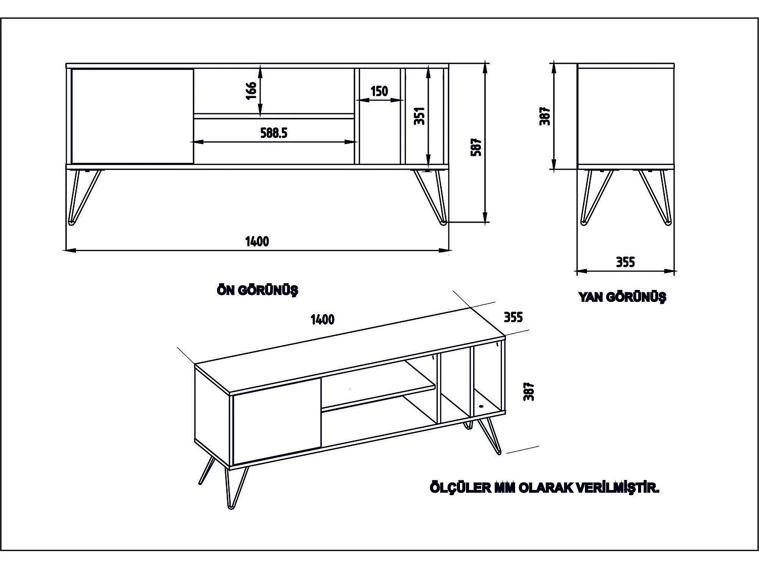 Mesa de tv Kailua 1275, Nogal|Negro, 140x59x36cm
