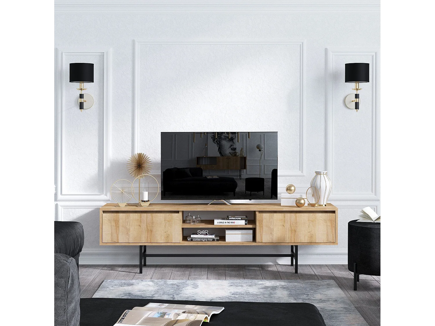 Mesa de tv Kailua V100, Negro|Roble, 180x50x40cm