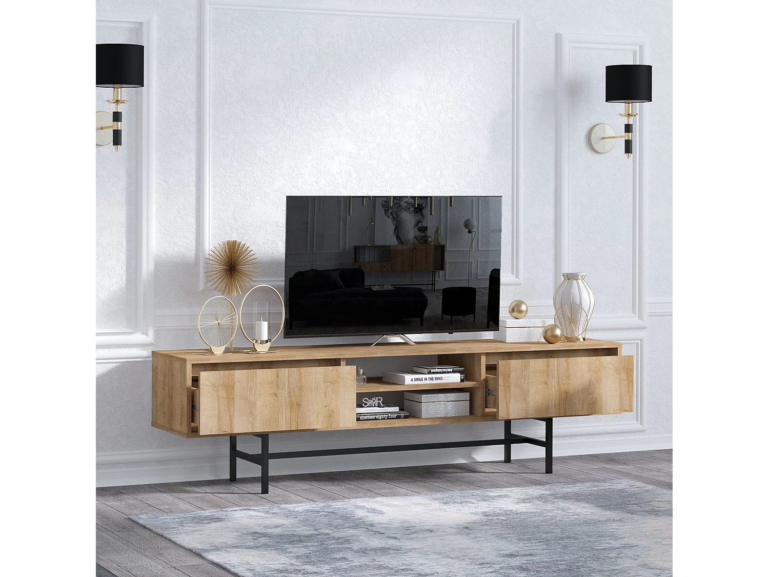 Mesa de tv Kailua V100, Negro|Roble, 180x50x40cm