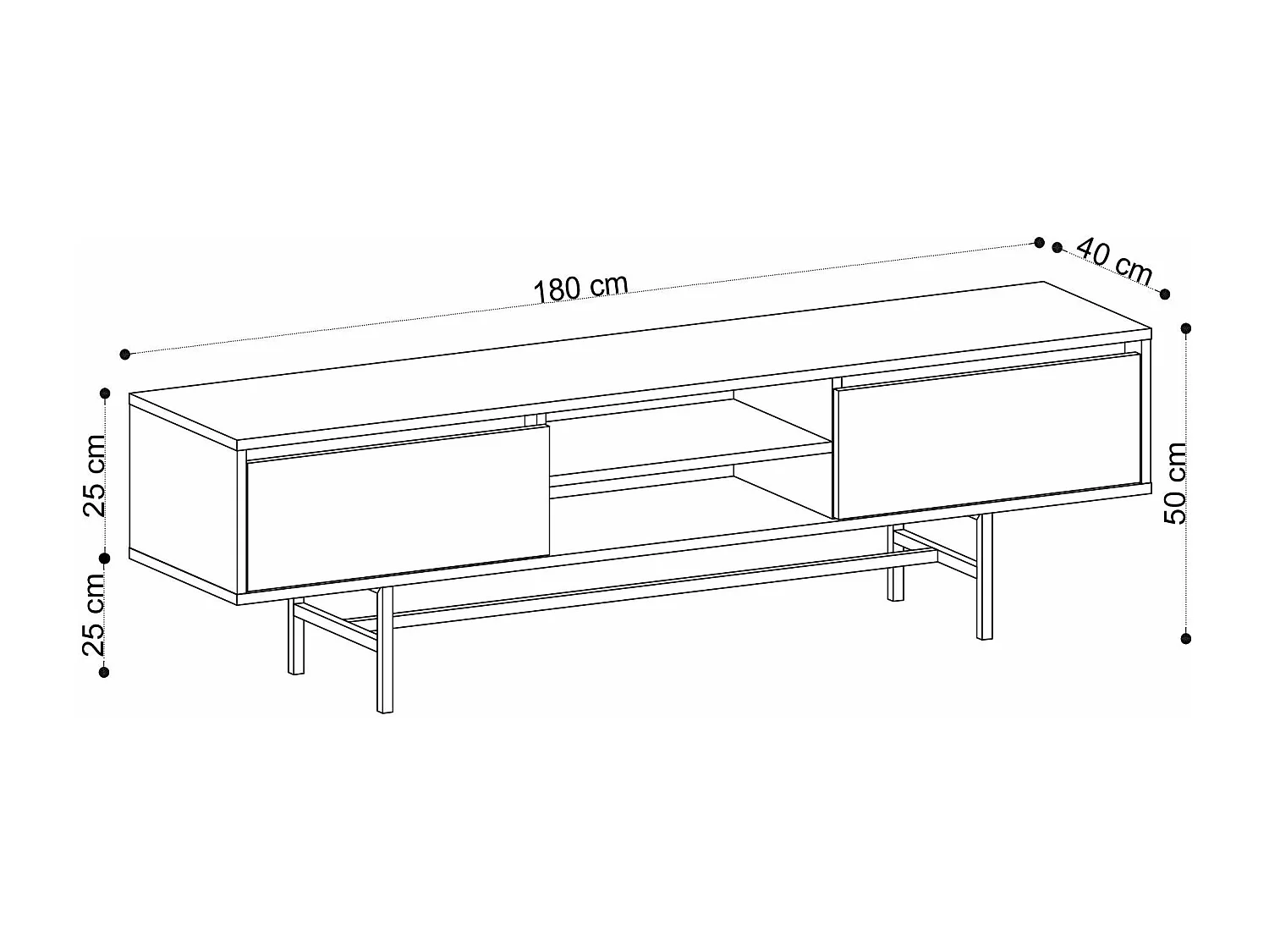 Mesa de tv Kailua V100, Negro|Roble, 180x50x40cm