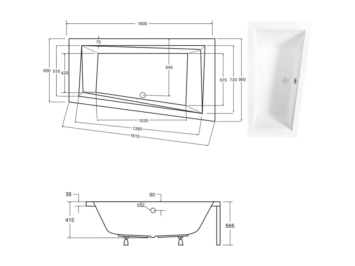 Baignoire d'angle DROITE INTIMA 150 ou 160 cm AVEC TABLIER - Dimensions: 160cm