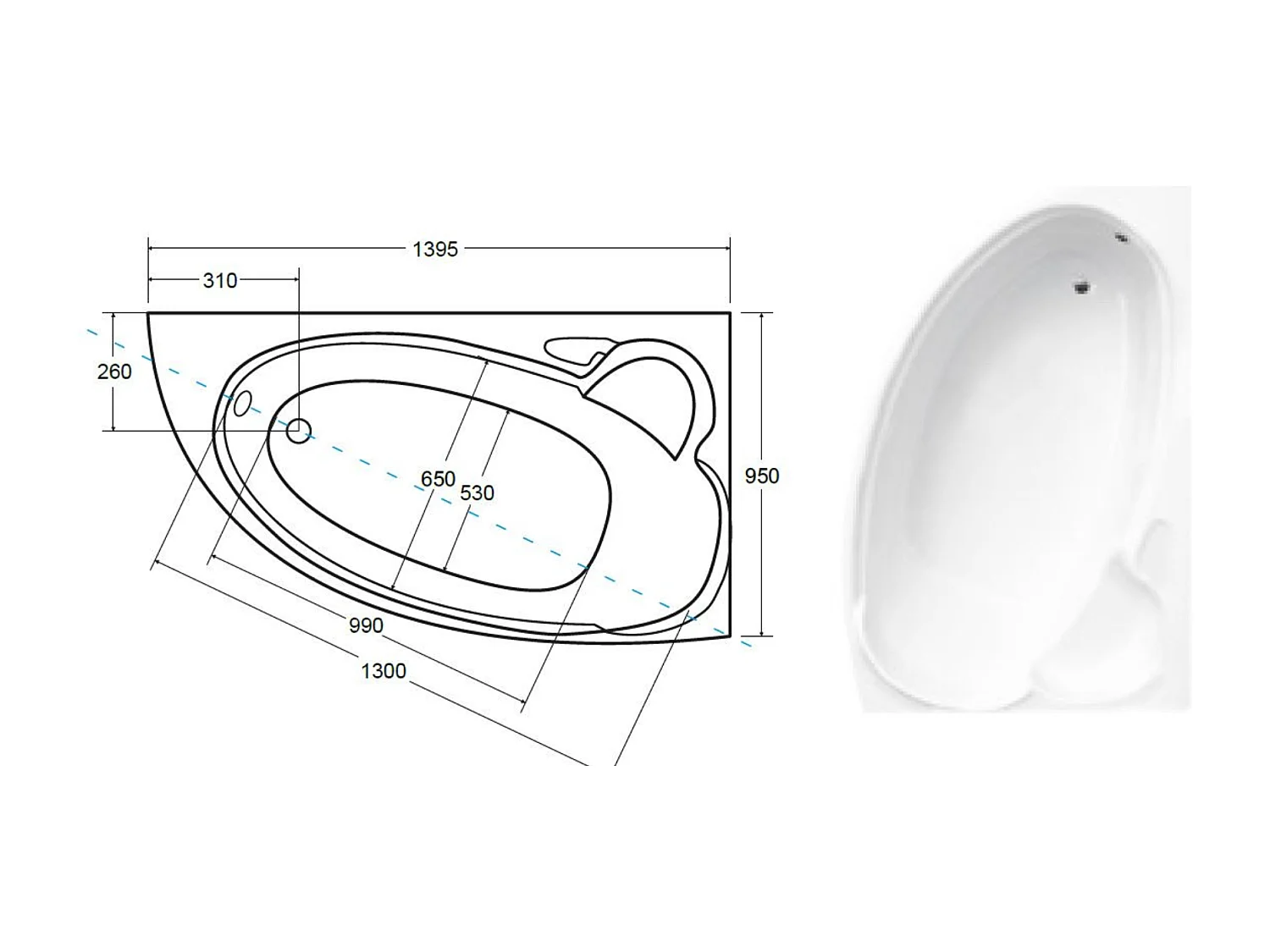 Baignoire d'angle NOVA 140-155-170cm Droite avec tablier - Dimensions: 140cm