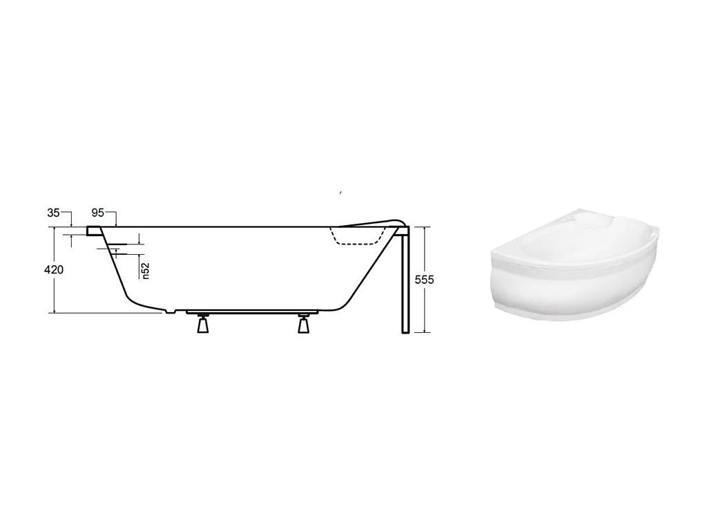 Baignoire d'angle NOVA 140-155-170cm Droite avec tablier - Dimensions: 140cm