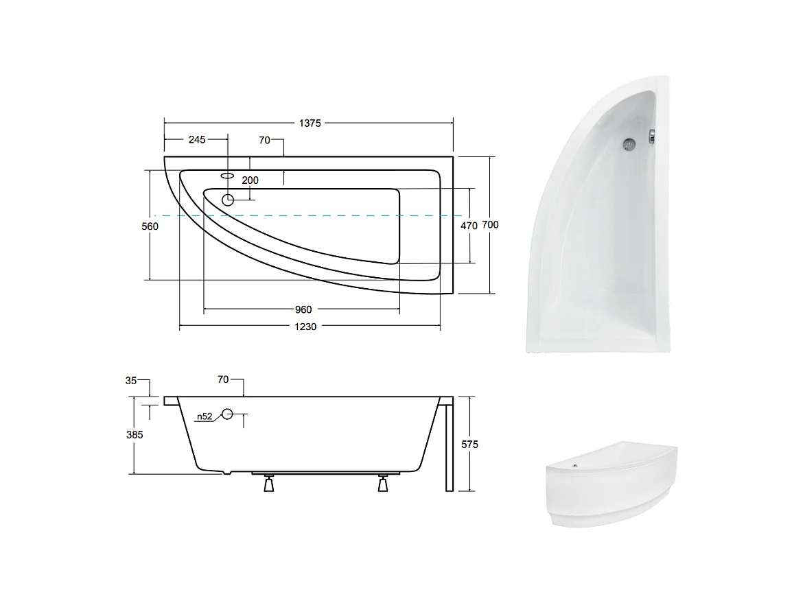 Baignoire d'angle ORIEGA 140 cm droite avec tablier