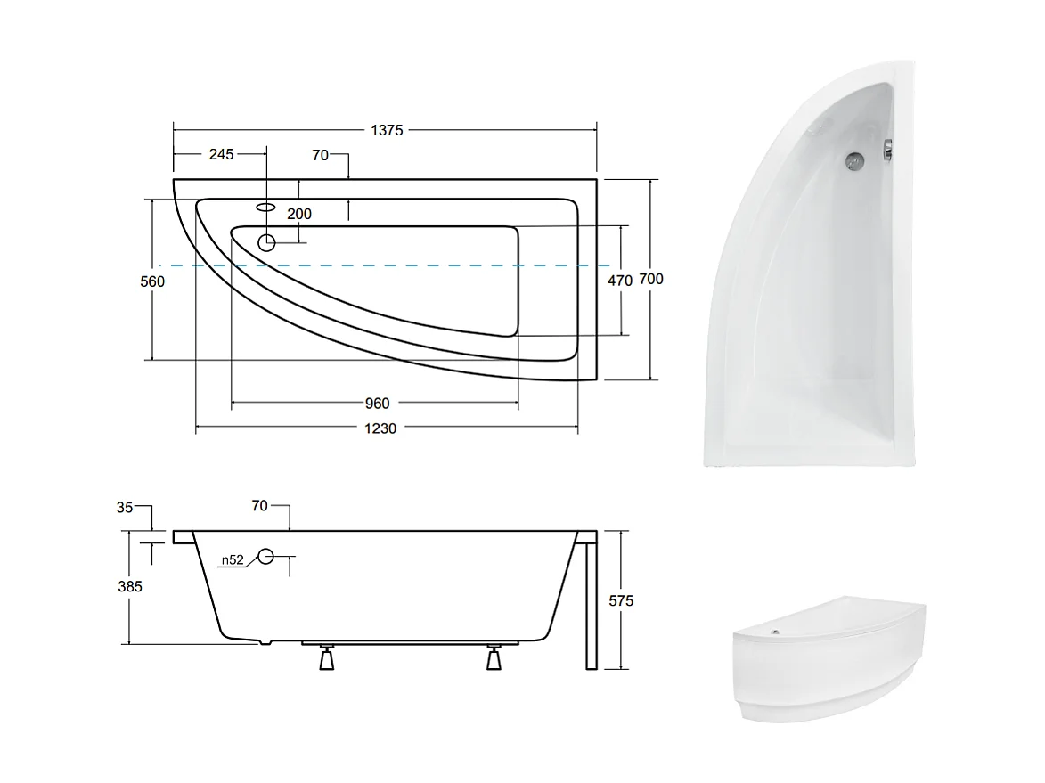 Baignoire d'angle ORIEGA 140 cm droite avec tablier et appui tête