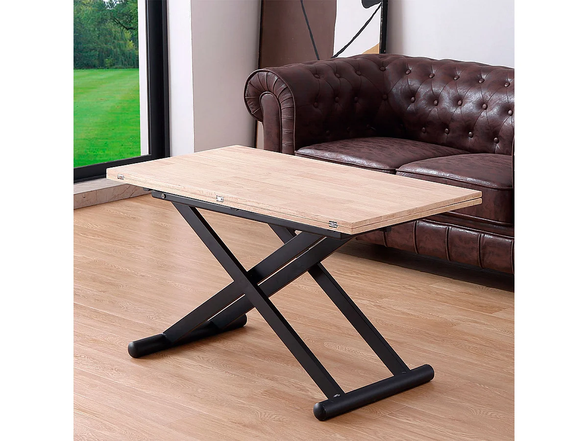 Mesa de centro elevable Natural convertible en mesa de comedor roble Nordish/negro 49x110x57 cm Adec