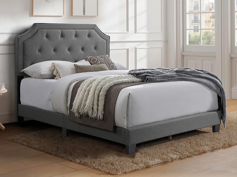 Lit 140 x 190 cm avec tête de lit capitonnée - Gris clair - ANDEYO