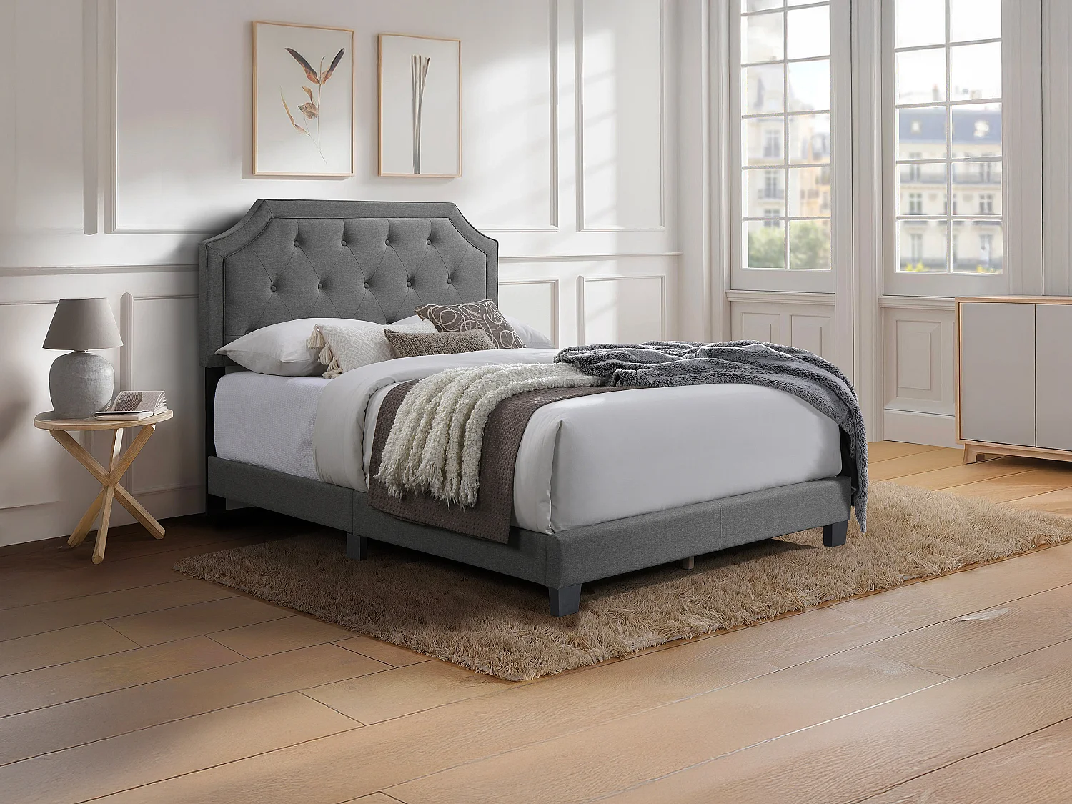 Lit 140 x 190 cm avec tête de lit capitonnée - Gris clair - ANDEYO