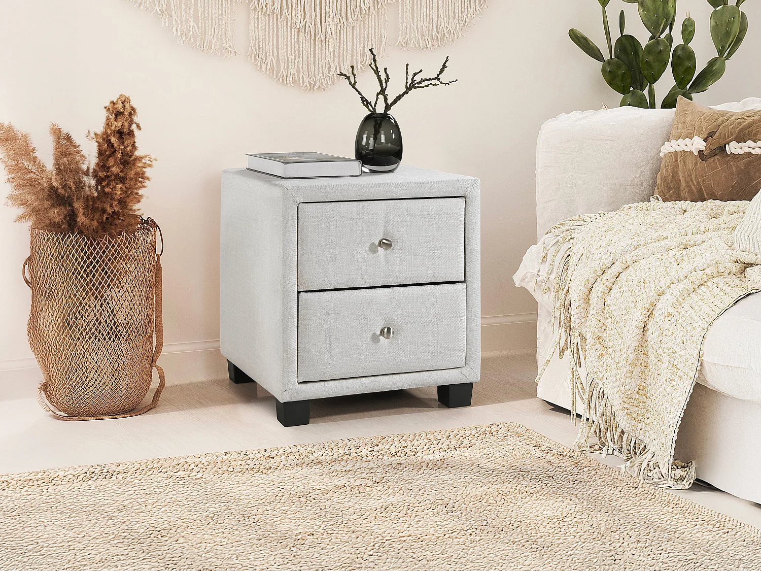 Table de chevet avec 2 tiroirs - Tissu - Ivoire - PICHONIA